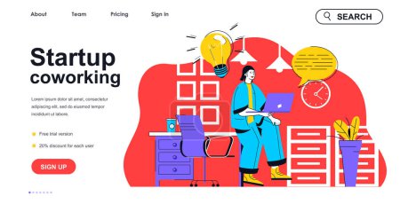 Illustration for Startup coworking concept for landing page template. Woman works at laptop with creative ideas. Employee in open office people scene. Vector illustration with flat character design for web banner - Royalty Free Image