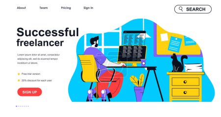 Illustration for Successful freelancer concept for landing page template. Man developer works on computer on project online, earning profit, people scene. Vector illustration with flat character design for web banner - Royalty Free Image