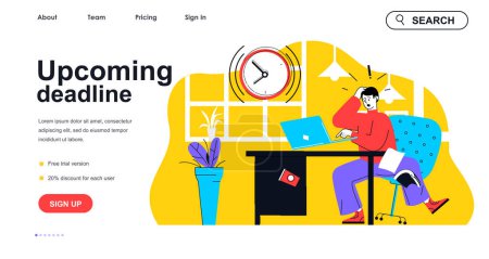 Illustration for Upcoming deadline concept for landing page template. Stressed employee trying to finish work tasks in time. Office stress people scene. Vector illustration with flat character design for web banner - Royalty Free Image