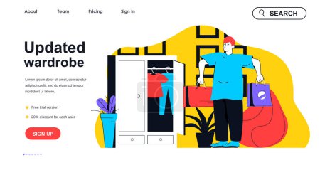 Illustration for Updated wardrobe concept for landing page template. Man holds bags with new stylish outfits. Customer buys new clothes people scene. Vector illustration with flat character design for web banner - Royalty Free Image
