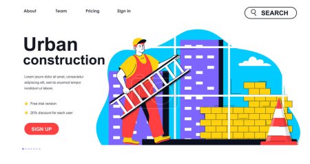 Illustration for Urban construction concept for landing page template. Man building brick wall, working and constructing house. Real estate people scene. Vector illustration with flat character design for web banner - Royalty Free Image