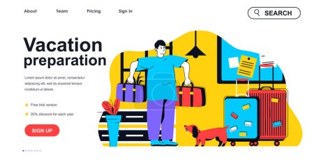 Illustration for Vacation preparation concept for landing page template. Man packing clothes in bags for going on trip. Travel and tourism people scene. Vector illustration with flat character design for web banner - Royalty Free Image