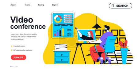 Illustration for Video conference concept for landing page template. Man talking with woman colleague via video chat. Remote teamwork online people scene. Vector illustration with flat character design for web banner - Royalty Free Image