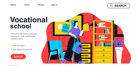 Illustration for Vocational school concept for landing page template. Student studies, rushes to classes, gets skills. Professional education people scene. Vector illustration with flat character design for web banner - Royalty Free Image