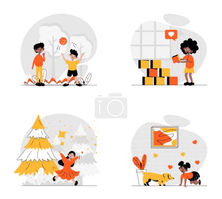 Illustration for Children playing concept with character set. Collection of scenes people childs, boys and girls playing with ball or cubes, walking in park, take care dog. Vector illustrations in flat web design - Royalty Free Image