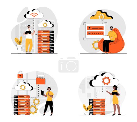 Illustration for Cloud data center concept with character set. Collection of scenes people work in server room with computing process, technical engineers with hardware racks. Vector illustrations in flat web design - Royalty Free Image