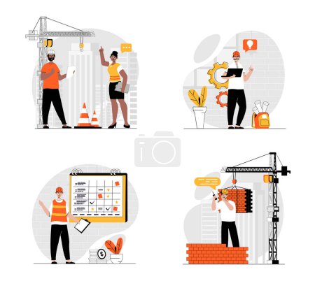 Illustration for Construction engineer concept with character set. Collection of scenes people work as builders, architects with blueprints, real estate inspectors and workers. Vector illustrations in flat web design - Royalty Free Image