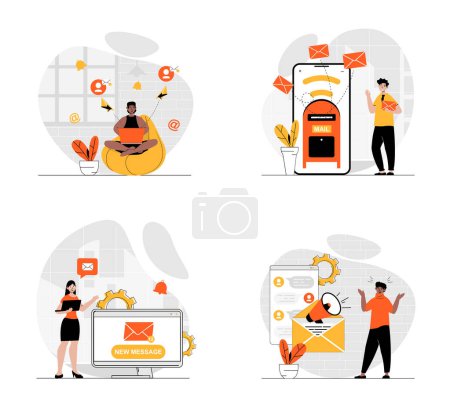 Illustration for Email marketing concept with character set. Collection of scenes people sending emails with advertising campaigns, making promo mailings and promo newsletters. Vector illustrations in flat web design - Royalty Free Image