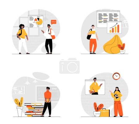 Education and learning concept with character set. Collection of scenes people studying at lessons and webinars, discussing report presentation, reading books. Vector illustrations in flat web design