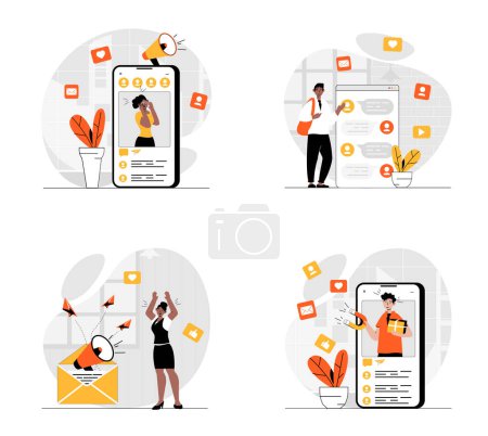 Illustration for Social media marketing concept with character set. Collection of scenes people making advertising and online promotion in apps, gift draw for new customers. Vector illustrations in flat web design - Royalty Free Image