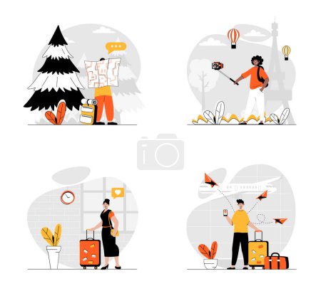 Illustration for Traveling concept with character set. Collection of scenes people with luggage flight and go on vacation, hiking in forest and sightseeing trip, making selfie. Vector illustrations in flat web design - Royalty Free Image