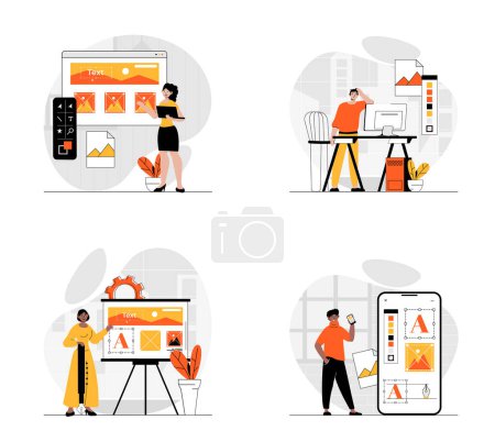 Illustration for Web development concept with character set. Collection of scenes people prototyping and coding web page layouts or mobile app interface, places graphic content. Vector illustrations in flat web design - Royalty Free Image