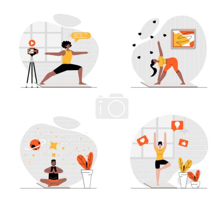 Ilustración de Concepto de asanas de yoga con juego de caracteres. Colección de escenas de personas que practican yoga o estiramiento, meditación en pose de loto, video lección de grabación de entrenador. Ilustraciones vectoriales en diseño web plano - Imagen libre de derechos