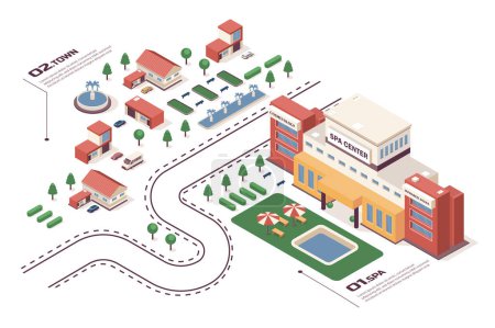 Illustration for SPA center concept 3d isometric web infographic workflow process. Infrastructure map with buildings for professional massage and skincare treatments. Vector illustration in isometry graphic design - Royalty Free Image