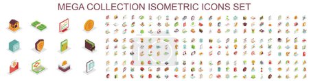 Illustration for Mega set of vector isometric icons. Contains such Icons as SEO, Marketing, Science, Virtual Reality, Social Media, Development, Finance, Banking and more. Bundle icon. Isometry pictogram pack. - Royalty Free Image