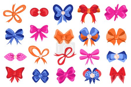 Illustration for Bows mega set elements in flat design. Bundle of different types and colors decorative bows for gifts, invitation greetings and decorating packages. Vector illustration isolated graphic objects - Royalty Free Image