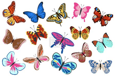 Ilustración de Mariposas mega set de elementos en diseño plano. Paquete de diferentes tipos y colores mariposas voladoras tropicales con alas de patrones coloridos abstractos. Ilustración vectorial objetos gráficos aislados - Imagen libre de derechos