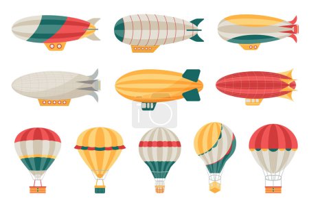 Téléchargez les illustrations : Cartoon airship mega set éléments dans le design plat. Paquet de différents types et couleurs montgolfières et dirigeables. Transport aérien vintage. Illustration vectorielle objets graphiques isolés - en licence libre de droit