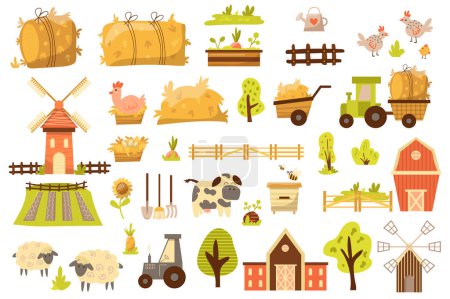 Illustration for Farming mega set elements in flat design. Bundle of growing vegetables, poultry farming, animal husbandry, horticulture, beekeeping, harvesting, farmland. Vector illustration isolated graphic objects - Royalty Free Image