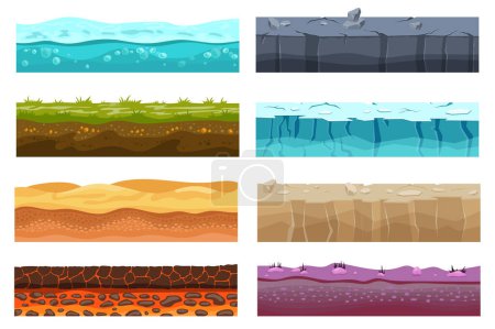 Illustration for Game level ground mega set elements in flat design. Bundle of water, grass with soil, desert sand, hot lava, stone, snow and ice, rockland templates. Vector illustration isolated graphic objects - Royalty Free Image