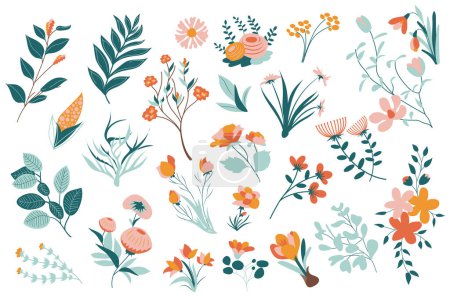 Illustration for Summer flowers mega set elements in flat design. Bundle of different types of blooming flowers, meadow wildflowers, plants, branches with leaves and twigs. Vector illustration isolated graphic objects - Royalty Free Image