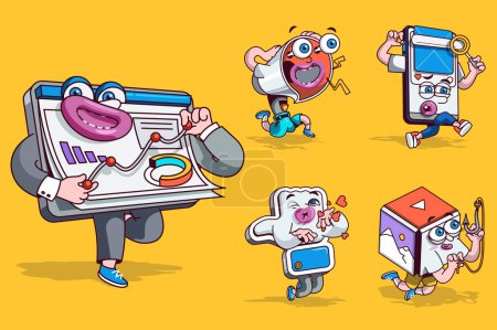 Ilustración de Concepto de marketing con 3d lindo conjunto de personajes de dibujos animados. Avatares divertidos de informe de análisis de datos, megáfono, teléfono inteligente de red, como y contenido promocional. Ilustración vectorial con diseño de mascotas cómicas - Imagen libre de derechos