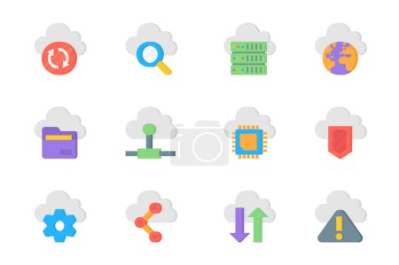 Téléchargez les illustrations : Cloud informatique 3d icônes réglées. Pack pictogrammes plats de synchronisation, recherche, serveur, base de données, informatique, Internet, partage en ligne, puce, protéger les données et autres. Eléments vectoriels pour applications mobiles et web design - en licence libre de droit