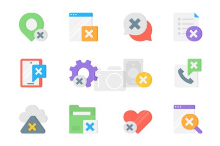 Illustration for Reject 3d icons set. Pack flat pictograms of cross sign on location pin, webpage, chat message, document, notice, settings, gear, money, call and other. Vector elements for mobile app and web design - Royalty Free Image