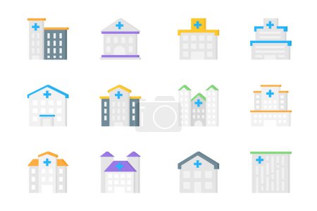 Illustration for Hospital buildings 3d icons set. Pack flat pictograms of different types of exterior clinics, medical center, pharmacy, ambulance and other constructions. Vector elements for mobile app and web design - Royalty Free Image