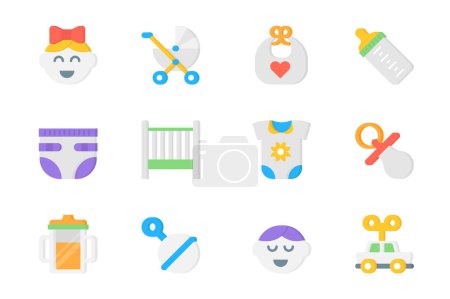 Illustration for Baby items 3d icons set. Pack flat pictograms of wash in girl, stroller, bib, milk bottle, diaper, crib, bodysuit, pacifier, rattle, boy, toy and other. Vector elements for mobile app and web design - Royalty Free Image