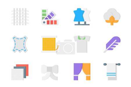 Illustration for Fabric 3d icons set. Pack flat pictograms of fiber, color palettes, mannequin, cotton, thread, spool, clothes, feather, bow, curtains, towel and other. Vector elements for mobile app and web design - Royalty Free Image