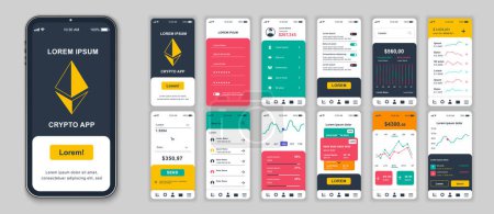 Illustration for Crypto mobile app screens set for web templates. Pack of login, financial account, monitoring balance, exchange, investment, other mockups. UI, UX, GUI user interface kit for layouts. Vector design - Royalty Free Image