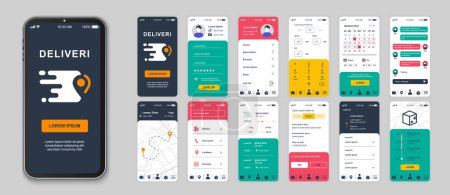 Illustration for Delivery mobile app screens set for web templates. Pack of login, ordering package, customer support, online tracking parcel, other mockups. UI, UX, GUI user interface kit for layouts. Vector design - Royalty Free Image