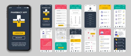 Illustration for Pharmacy mobile app screens set for web templates. Pack of login, online diagnostic, prescription, ordering drugs, tracking and other mockups. UI, UX, GUI user interface kit for layouts. Vector design - Royalty Free Image