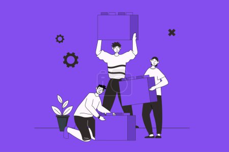Illustration for Support in team web concept with character scene in flat design. People working together, building puzzle, brainstorming and achieving goals. Vector illustration for social media marketing material. - Royalty Free Image