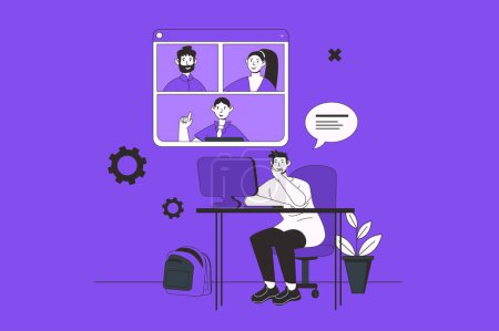 Illustration for Video conference web concept with character scene in flat design. People talking and discuss tasks via video call, working distance at chat. Vector illustration for social media marketing material. - Royalty Free Image