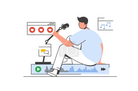 Podcast streaming outline web concept with character scene. Man speaking in microphone, recording audio. People situation in flat line design. Vector illustration for social media marketing material.