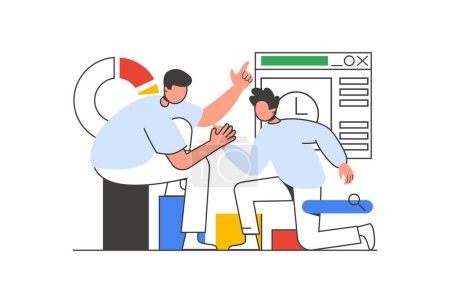 Illustration for Teamwork outline web concept with character scene. Men collaborating and cooperating at work project. People situation in flat line design. Vector illustration for social media marketing material. - Royalty Free Image