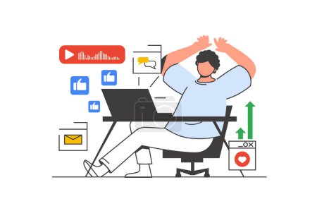 Illustration for Video blogging outline web concept with character scene. Man makes post, gets feedback and subscribers. People situation in flat line design. Vector illustration for social media marketing material. - Royalty Free Image