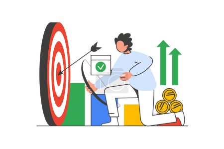 Illustration for Business target outline web concept with character scene. Man hitting aim and achieving financial goals. People situation in flat line design. Vector illustration for social media marketing material. - Royalty Free Image