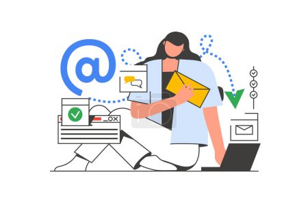 Illustration for Email service outline web concept with character scene. Woman sending new letters, communicating online. People situation in flat line design. Vector illustration for social media marketing material. - Royalty Free Image