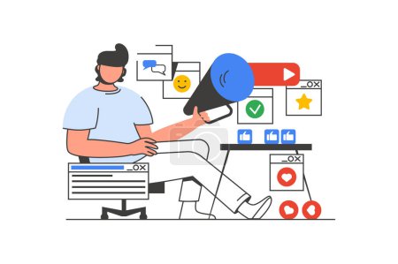 Illustration for Digital marketing outline web concept with character scene. Man with megaphone promoting business online. People situation in flat line design. Vector illustration for social media marketing material. - Royalty Free Image