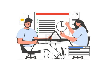 Illustration for Office work outline web concept with character scene. Man and woman brainstorming, discussing, do tasks. People situation in flat line design. Vector illustration for social media marketing material. - Royalty Free Image