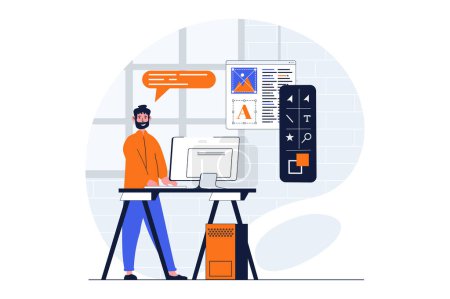 Illustration for App development web concept with character scene. Man programming, working with tools for creating mobile app. People situation in flat design. Vector illustration for social media marketing material. - Royalty Free Image
