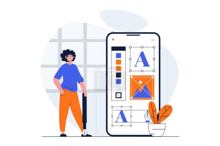Illustration for App development web concept with character scene. Man placing element and working with tools for mobile app. People situation in flat design. Vector illustration for social media marketing material. - Royalty Free Image