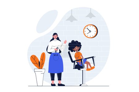 Illustration for Beauty salon web concept with character scene. Little girl getting haircut and hair styling from hairdresser. People situation in flat design. Vector illustration for social media marketing material. - Royalty Free Image