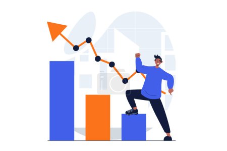 Illustration for Business growth web concept with character scene. Man rejoices in growth of sales and increase in profits. People situation in flat design. Vector illustration for social media marketing material. - Royalty Free Image
