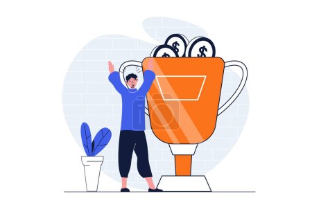 Illustration for Business success web concept with character scene. Man celebrating victory and getting golden cup and profit. People situation in flat design. Vector illustration for social media marketing material. - Royalty Free Image