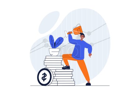 Illustration for Business success web concept with character scene. Man receives gold cup trophy and achieves financial goals. People situation in flat design. Vector illustration for social media marketing material. - Royalty Free Image