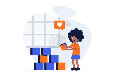 Illustration for Children playing web concept with character scene. Cute little girl builds cubes and plays with toys at home. People situation in flat design. Vector illustration for social media marketing material. - Royalty Free Image